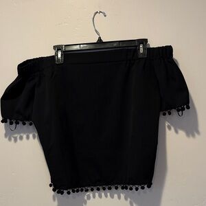 Willow & Clay Black Off-Shoulder Blouse with Pom-Pom Trim